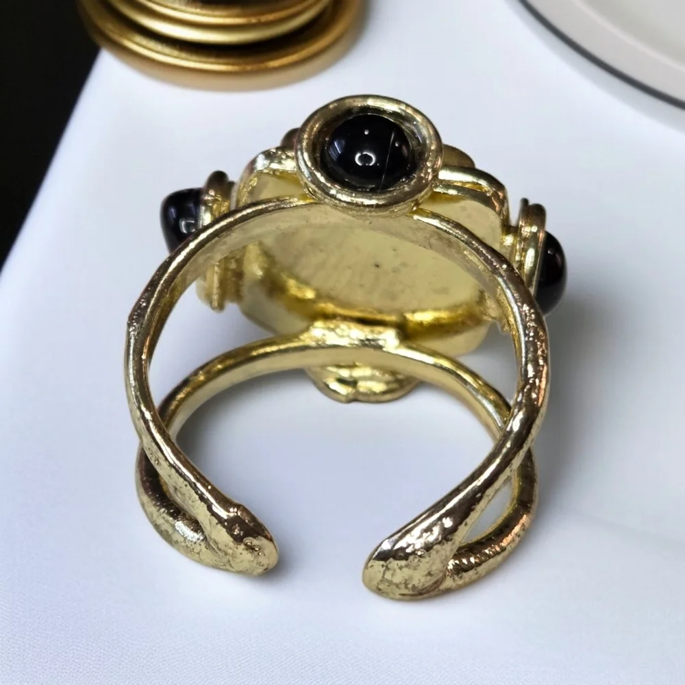 18k Gold Plated Genuine Emerald & Jet Onyx Statement Artisan Ring